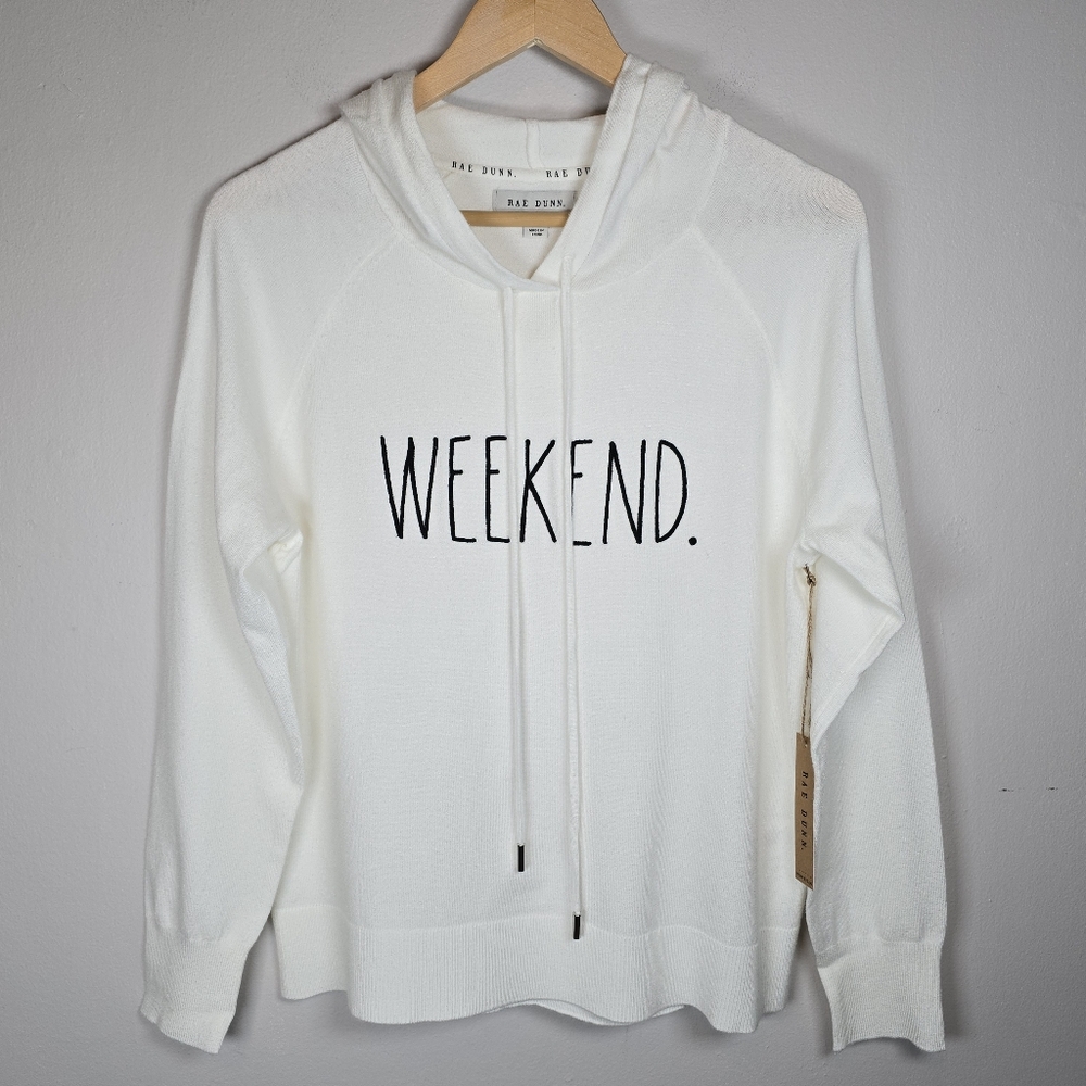 Rae Dunn Women's Weekend Pullover Hoodie Top Ivory Stretch NWT Med Casual Chic